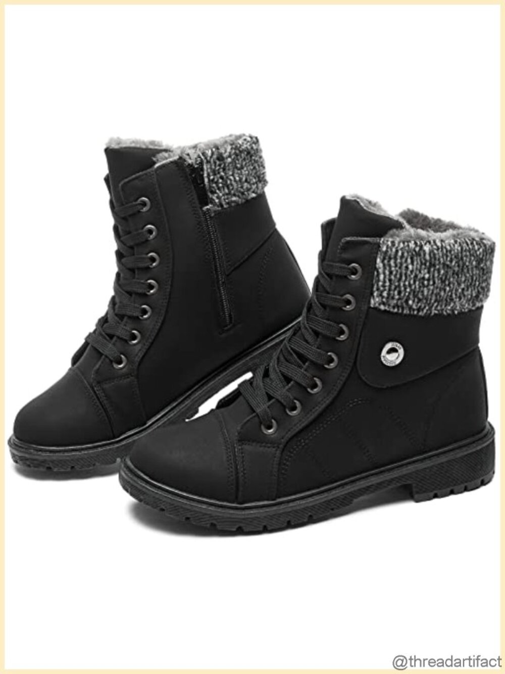 Women's Faux Leather Combat Boots Fur Lined Ankle Booties Side Zipper Winter